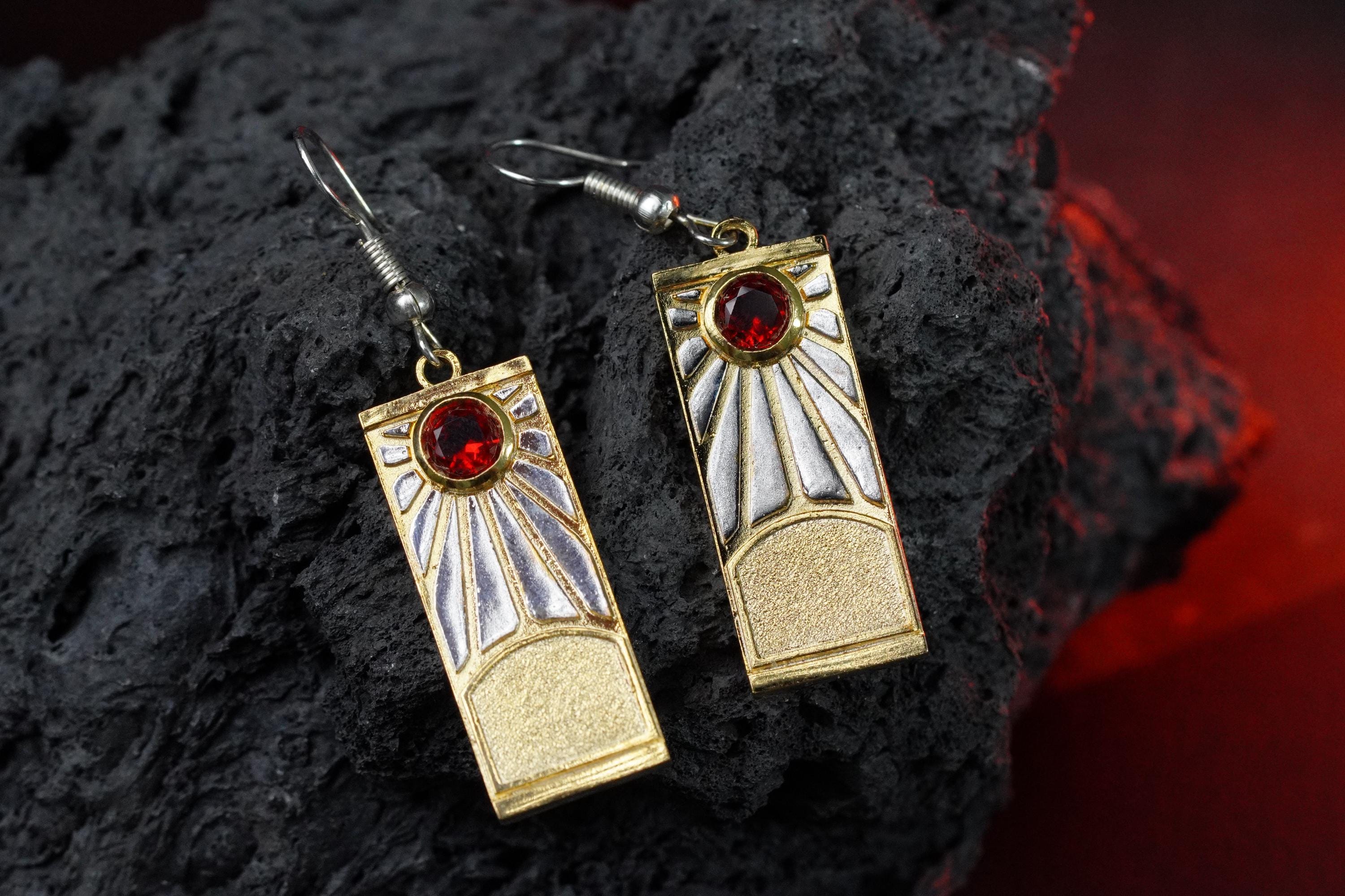 PREMIUM Handmade Demon Slayer Hanafuda Earrings, Tanjiro-Inspired Rising Sun Jewelry, Gold/Silver Anime Cosplay Gift for Fans & Collectors