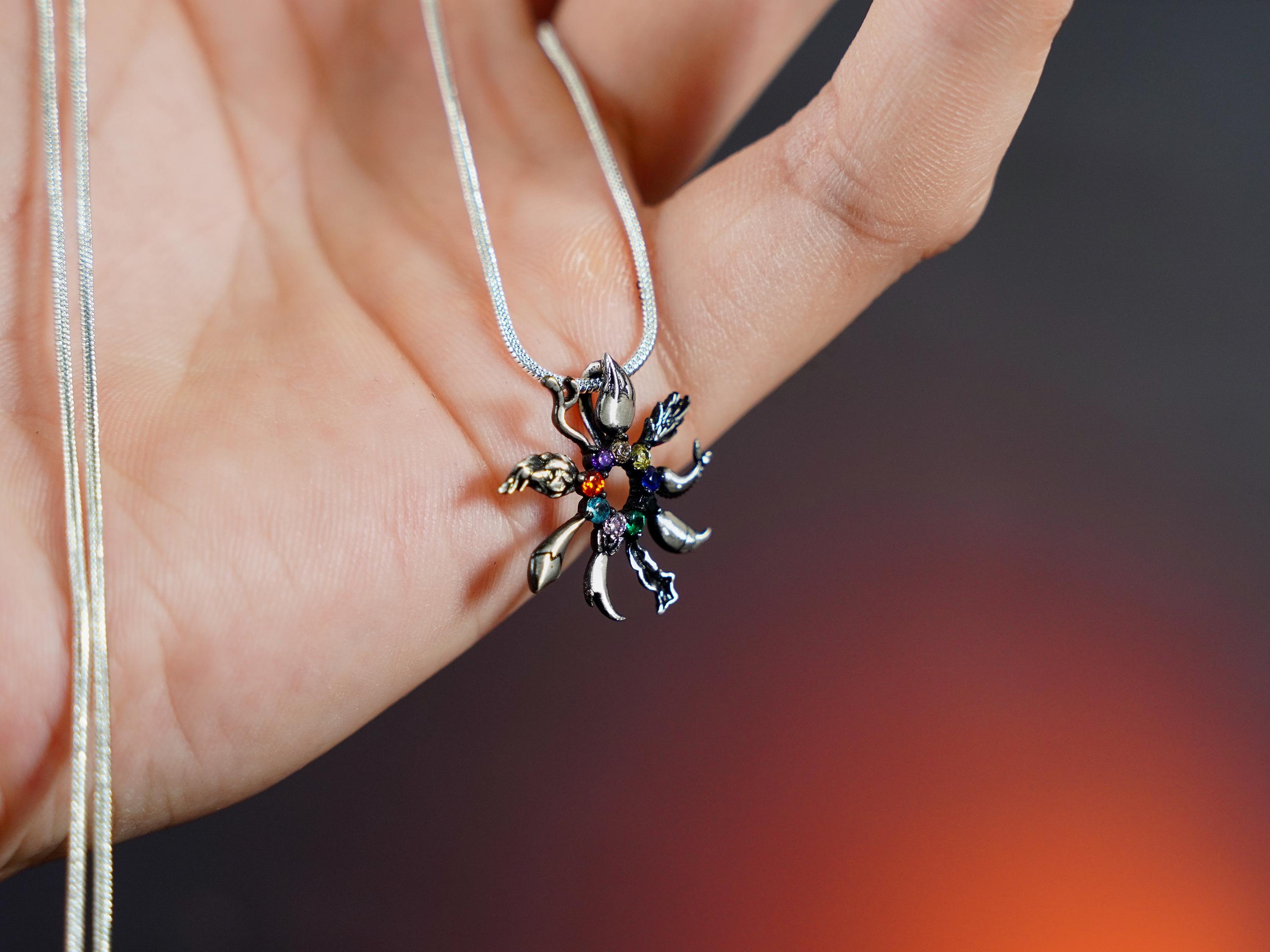 PREMIUM Fanmade Eevee Evolution Tail Flower Necklace, Handmade Silver 950 Pendant, Perfect Jewelry Gift for Pokemon and Eeveelution Fans