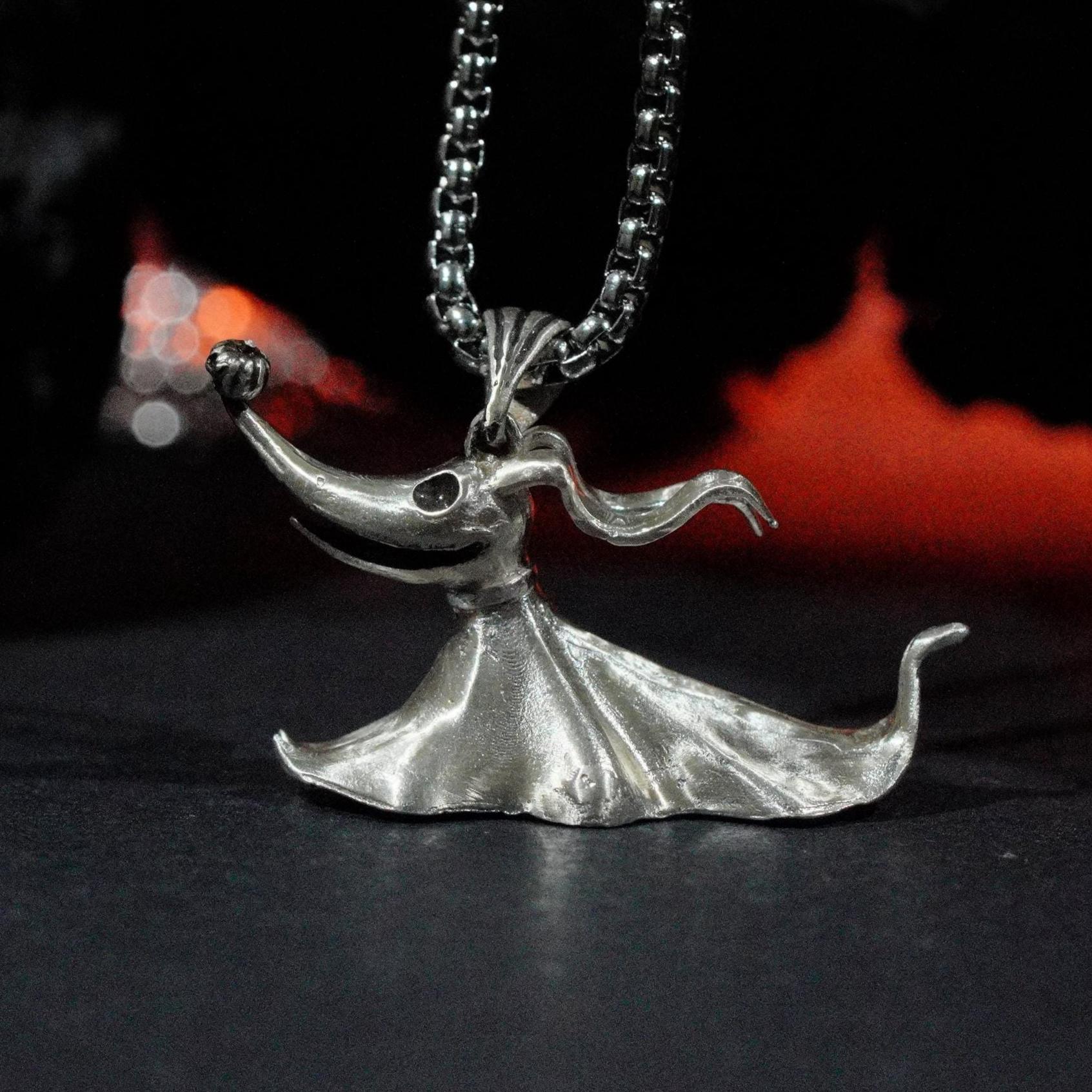 Exclusive Zero Ghost Dog Necklace, Gothic Spooky Pendant, Handmade Silver Jewelry,Halloween Horror Charm for Tim Burton and Jack Skellington